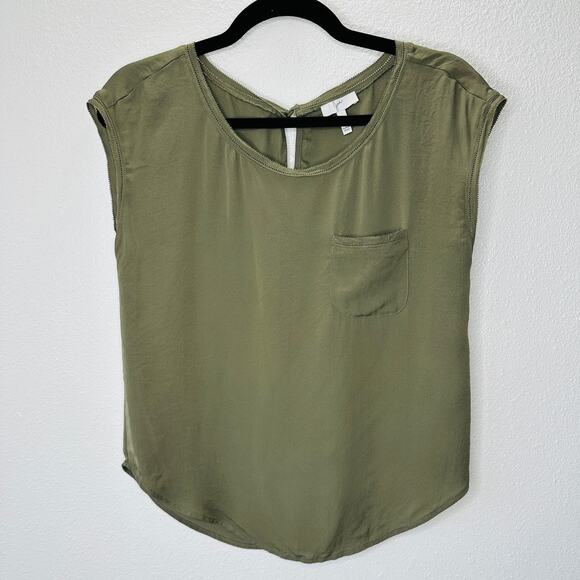 Joie Olive Green Round Neck Front Pocket Sleeveless Keyhole Back Blouse XS - Picture 1 of 12